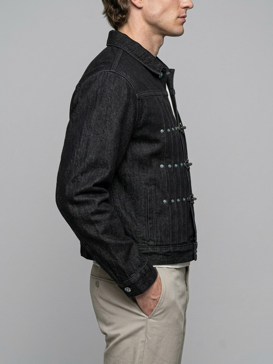 Agropoli Men's Studded Denim Trucker Jacket — black — side