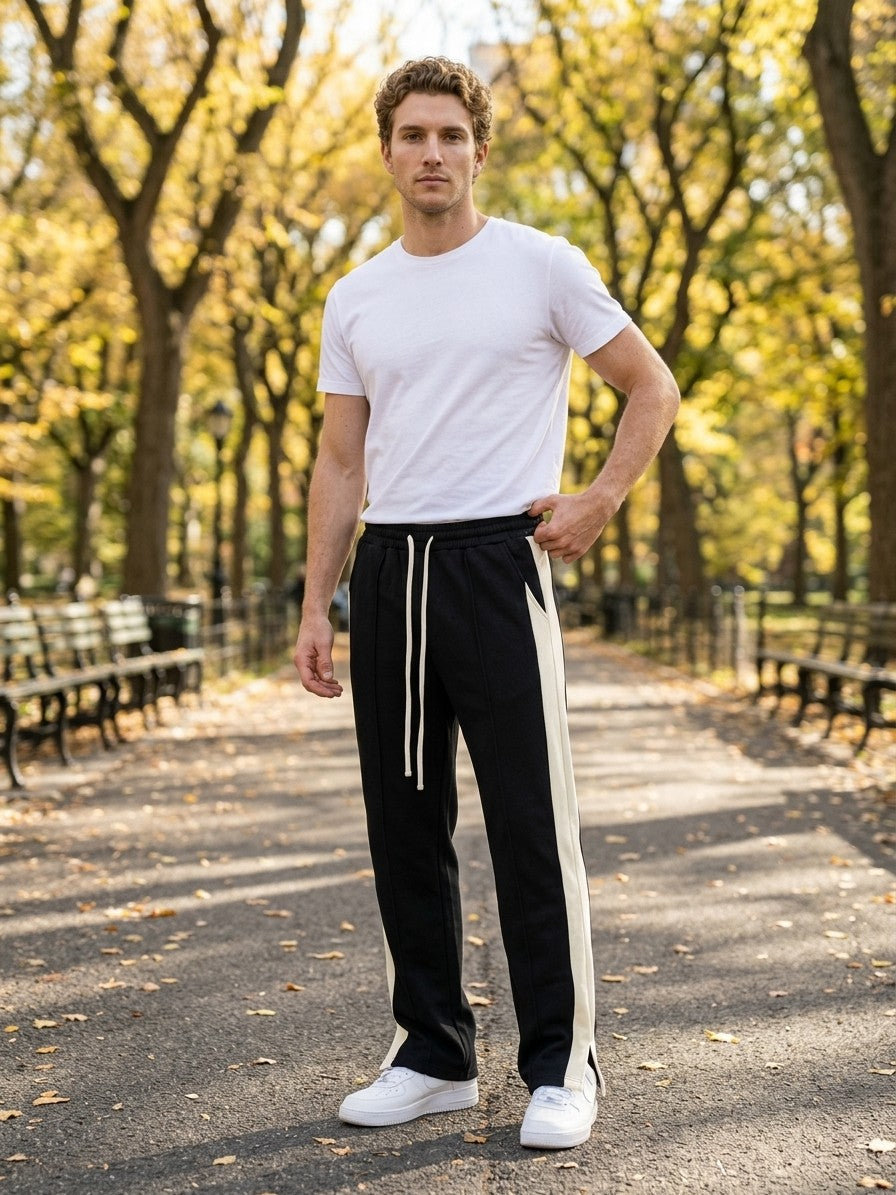 Albano Men's Split-Hem Side-Stripe Baggy Sweatpants — black — lifestyle