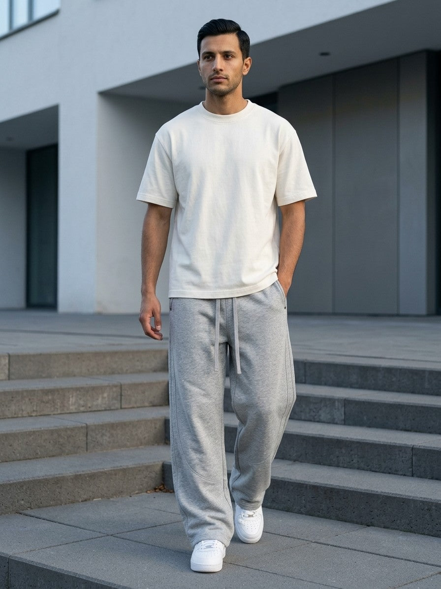 Albenga Men's Curved-Seam Wide-Leg Sweatpants — gray — lifestyle