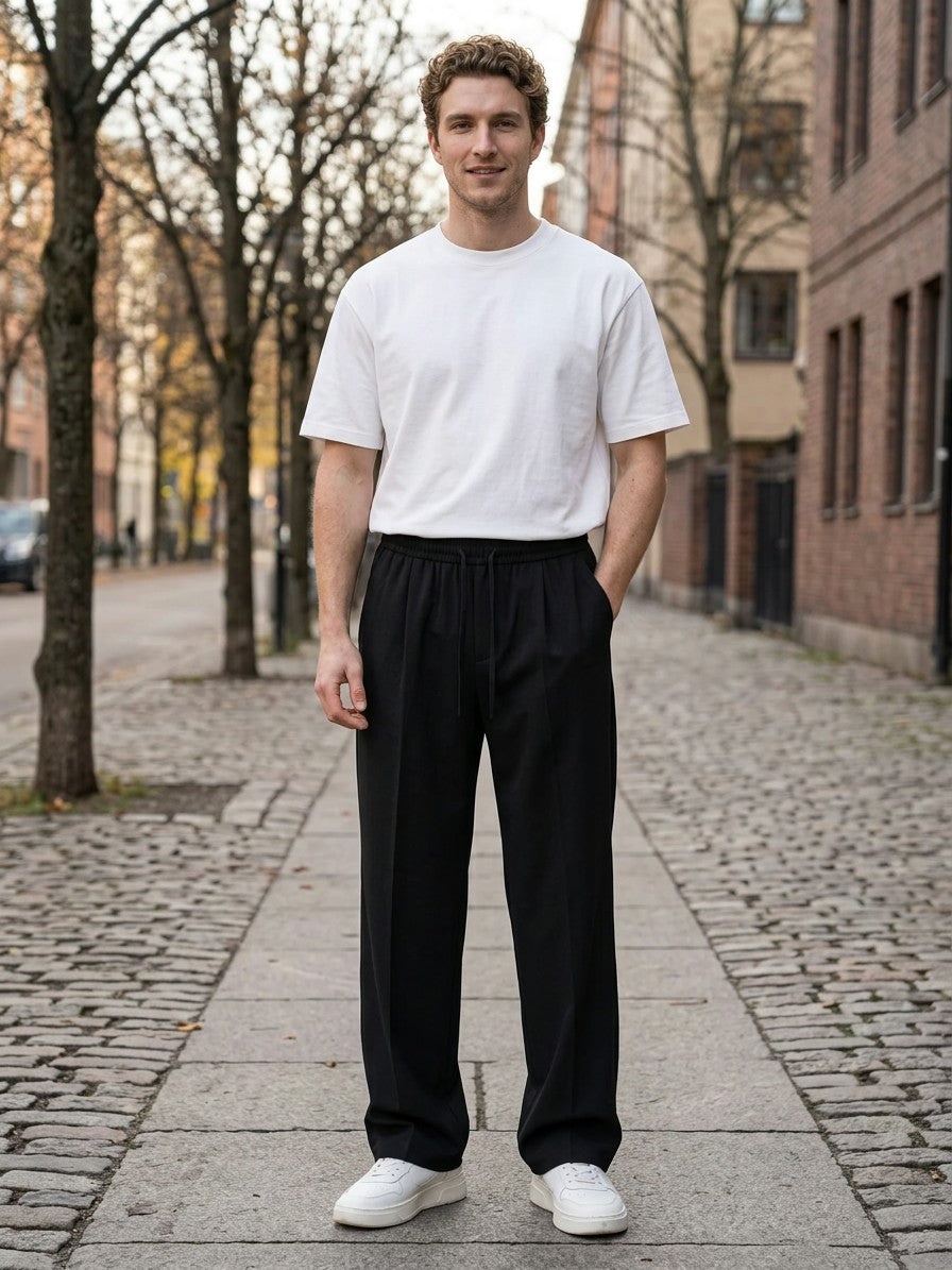 Alcamo Men's Pressed-Crease Twill Wide-Leg Pants — black — lifestyle