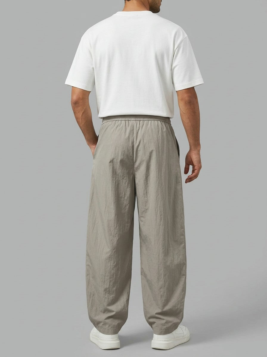 Amantea Men's Pleated Crinkle Barrel-Leg Pants — gray — back