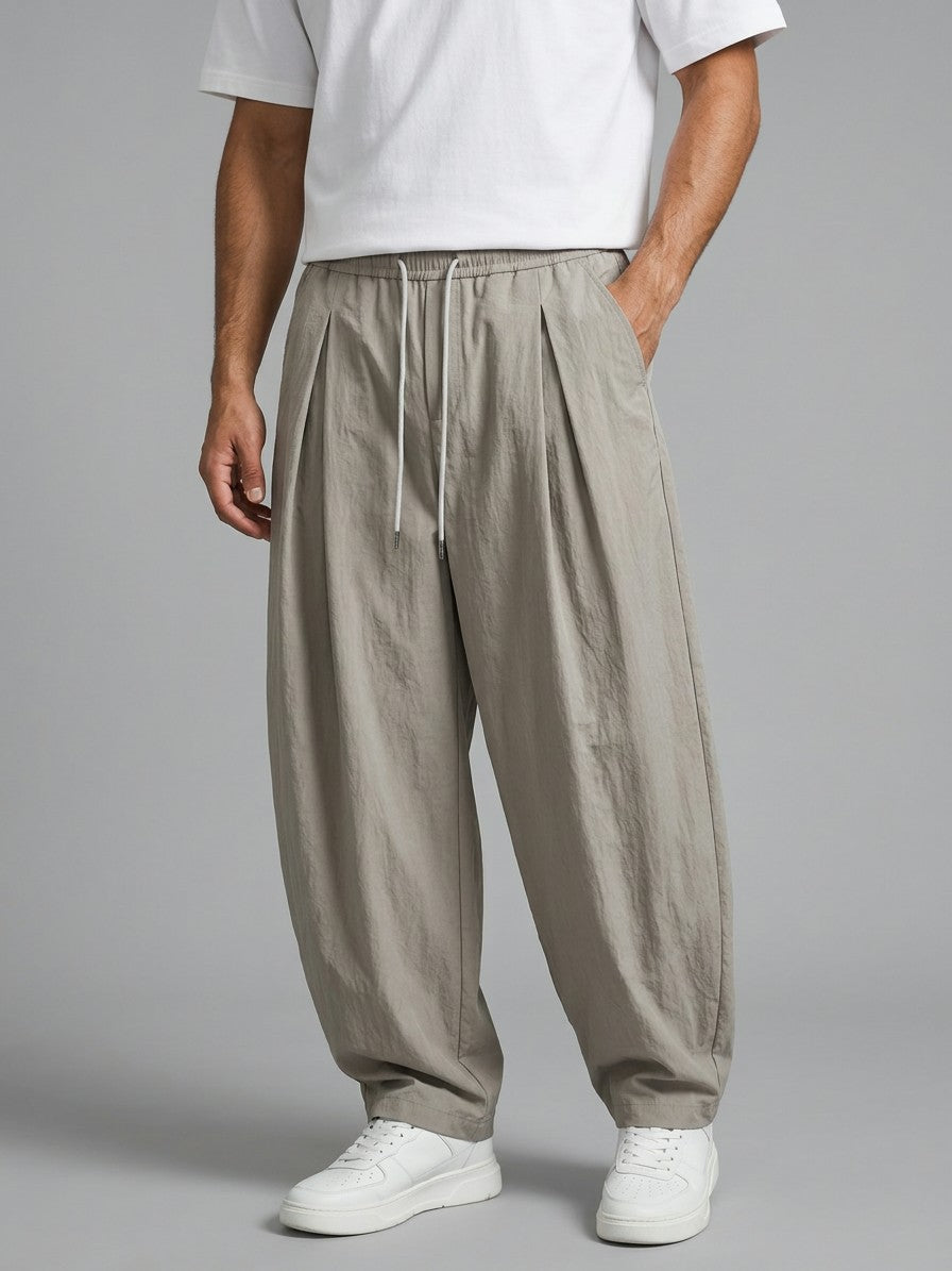 Amantea Men's Pleated Crinkle Barrel-Leg Pants — gray — front