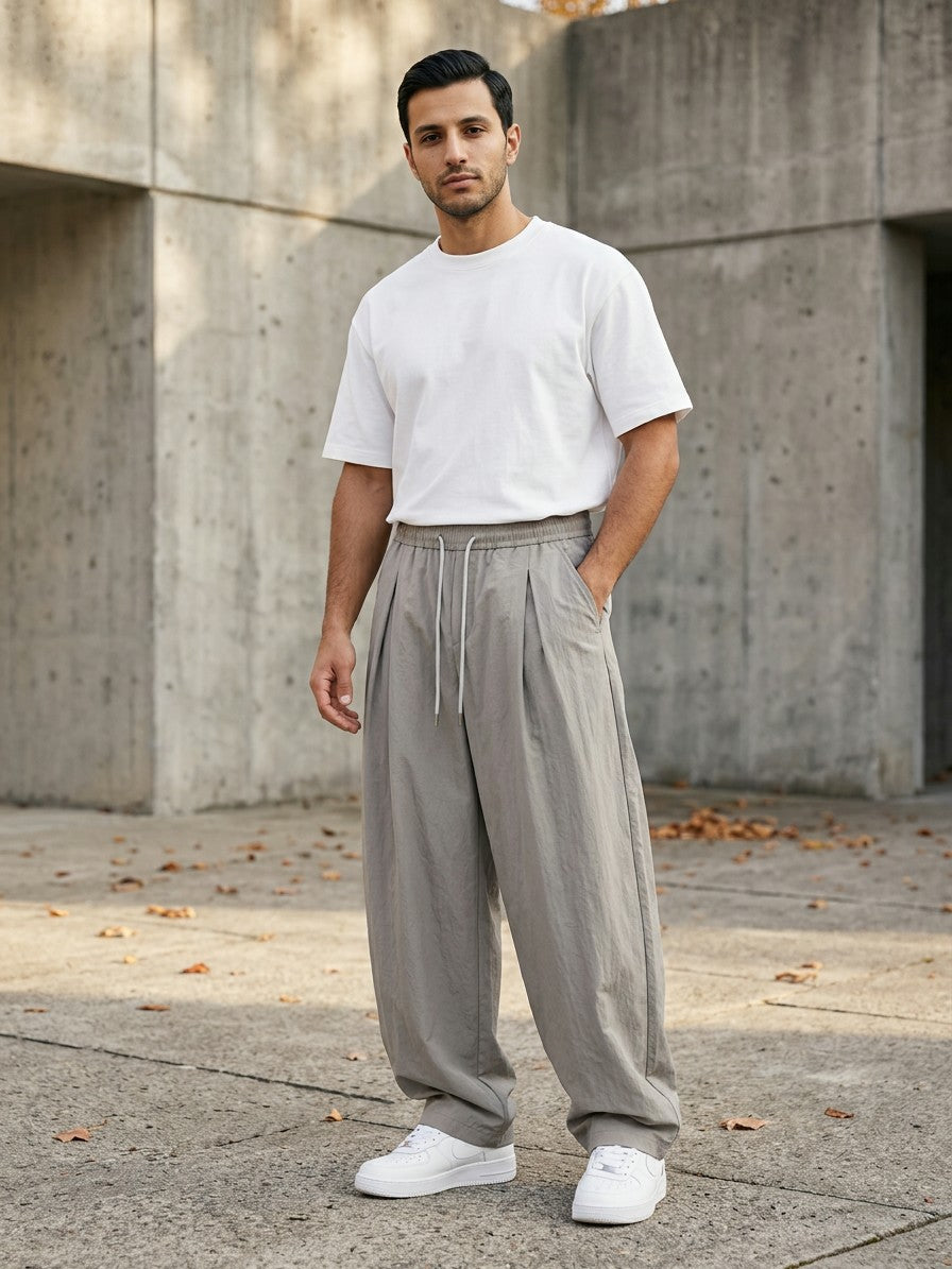 Amantea Men's Pleated Crinkle Barrel-Leg Pants — gray — lifestyle