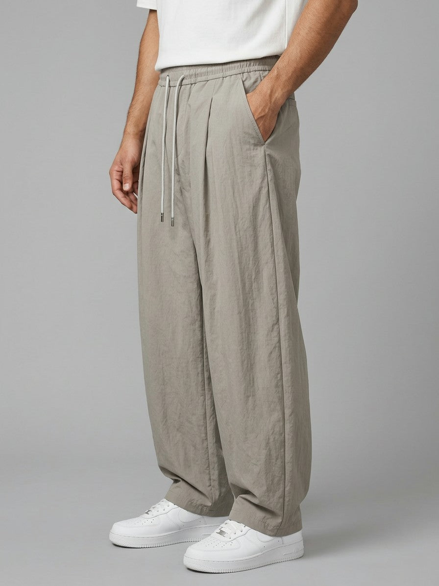 Amantea Men's Pleated Crinkle Barrel-Leg Pants — gray — side