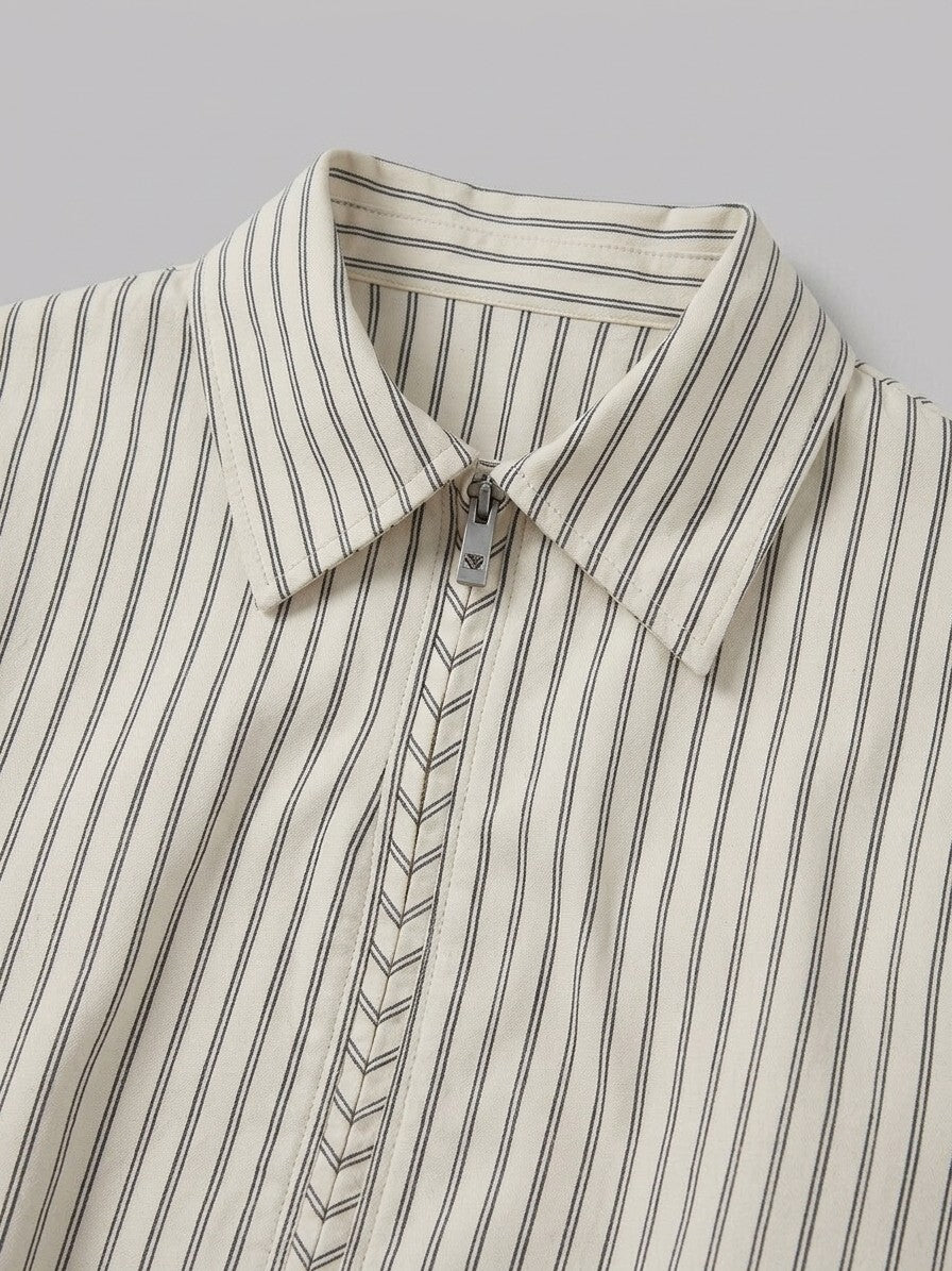 Amatrice Men's Pinstripe Cropped Harrington Jacket — creampinstripe — detail