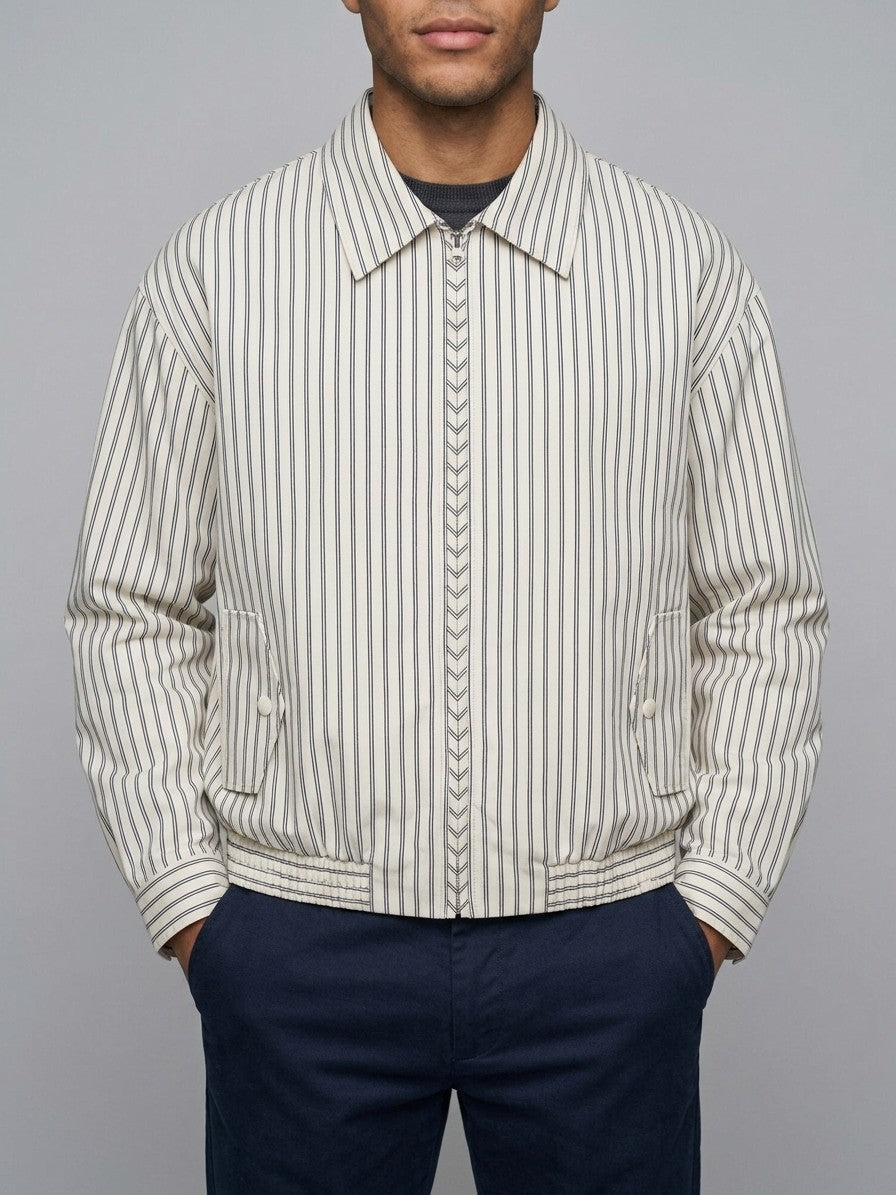 Amatrice Men's Pinstripe Cropped Harrington Jacket — creampinstripe — front