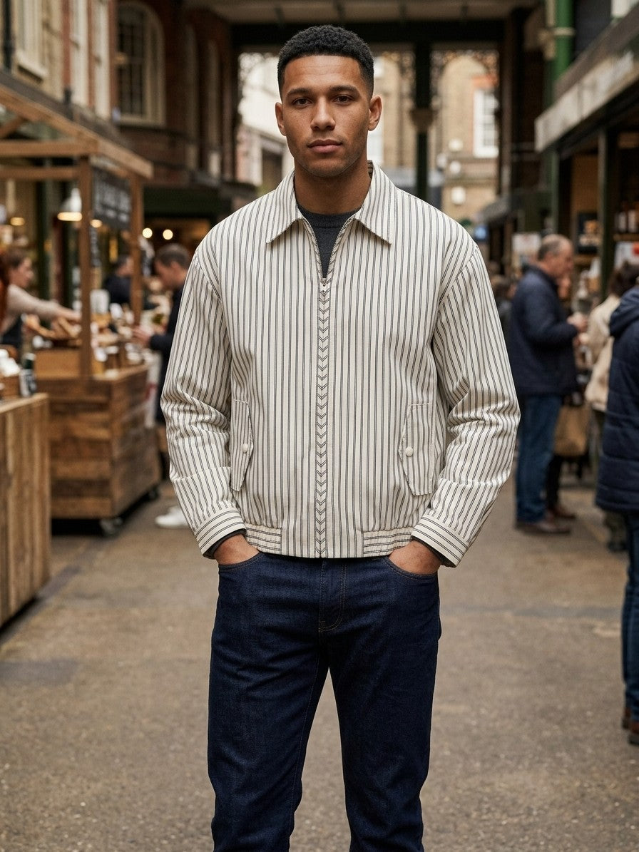 Amatrice Men's Pinstripe Cropped Harrington Jacket — creampinstripe — lifestyle