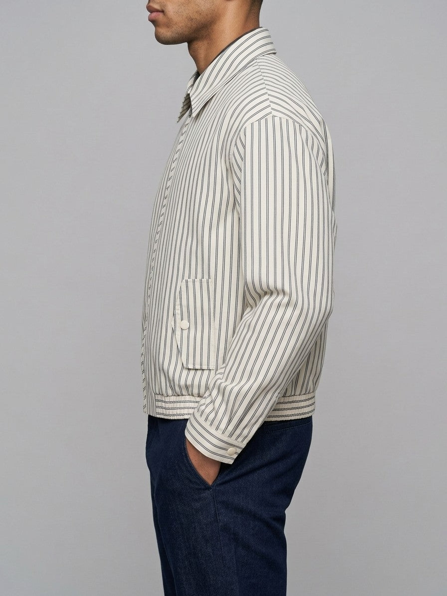 Amatrice Men's Pinstripe Cropped Harrington Jacket — creampinstripe — side