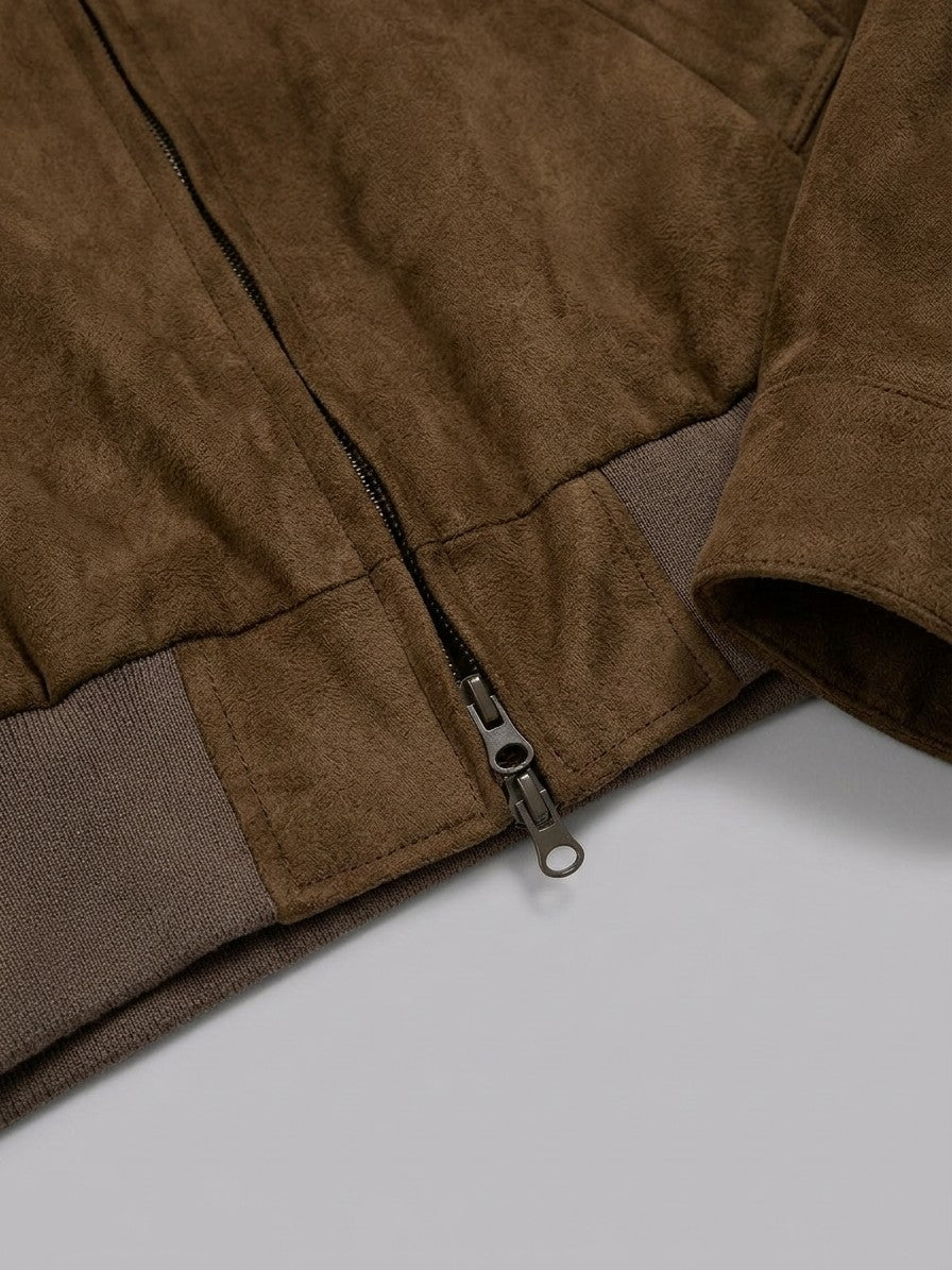 Amelia Men's Western-Yoke Faux Suede Jacket — brown — detail-collar