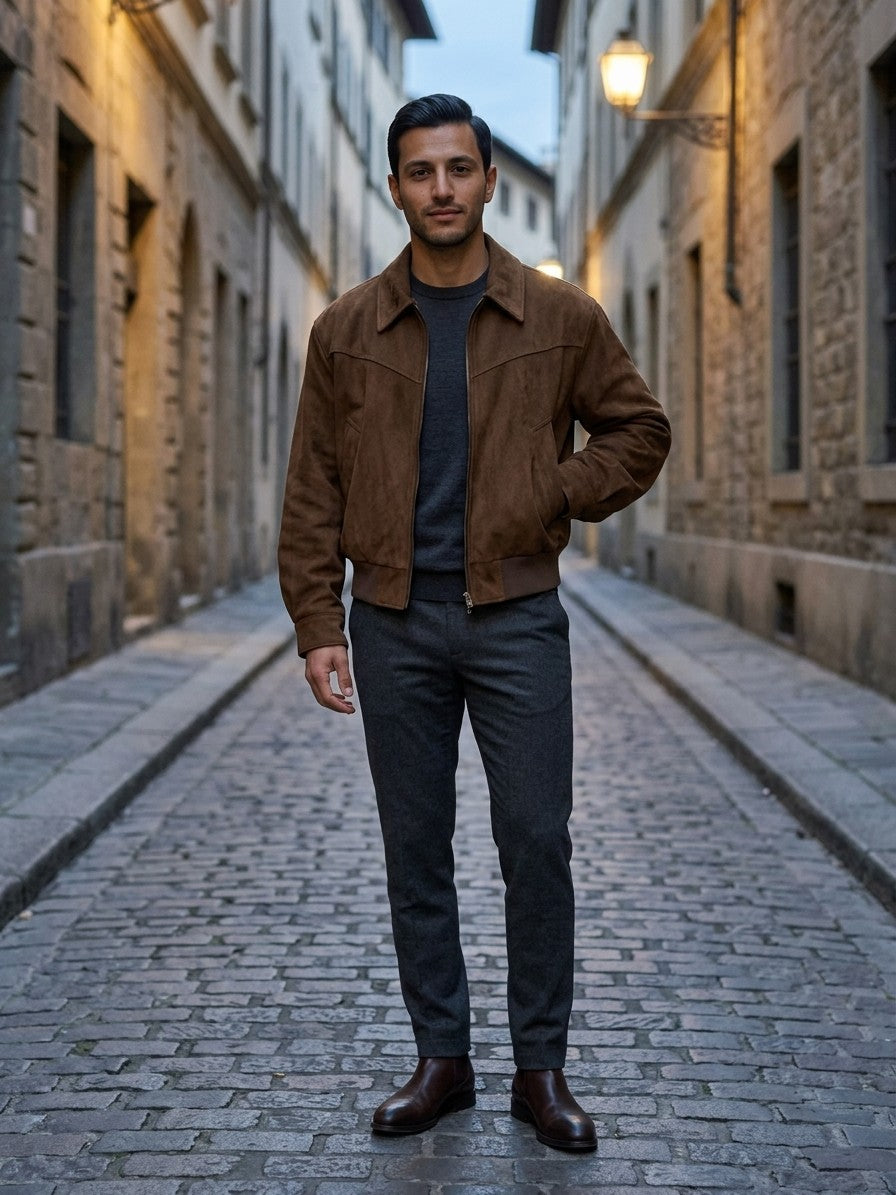 Amelia Men's Western-Yoke Faux Suede Jacket — brown — lifestyle
