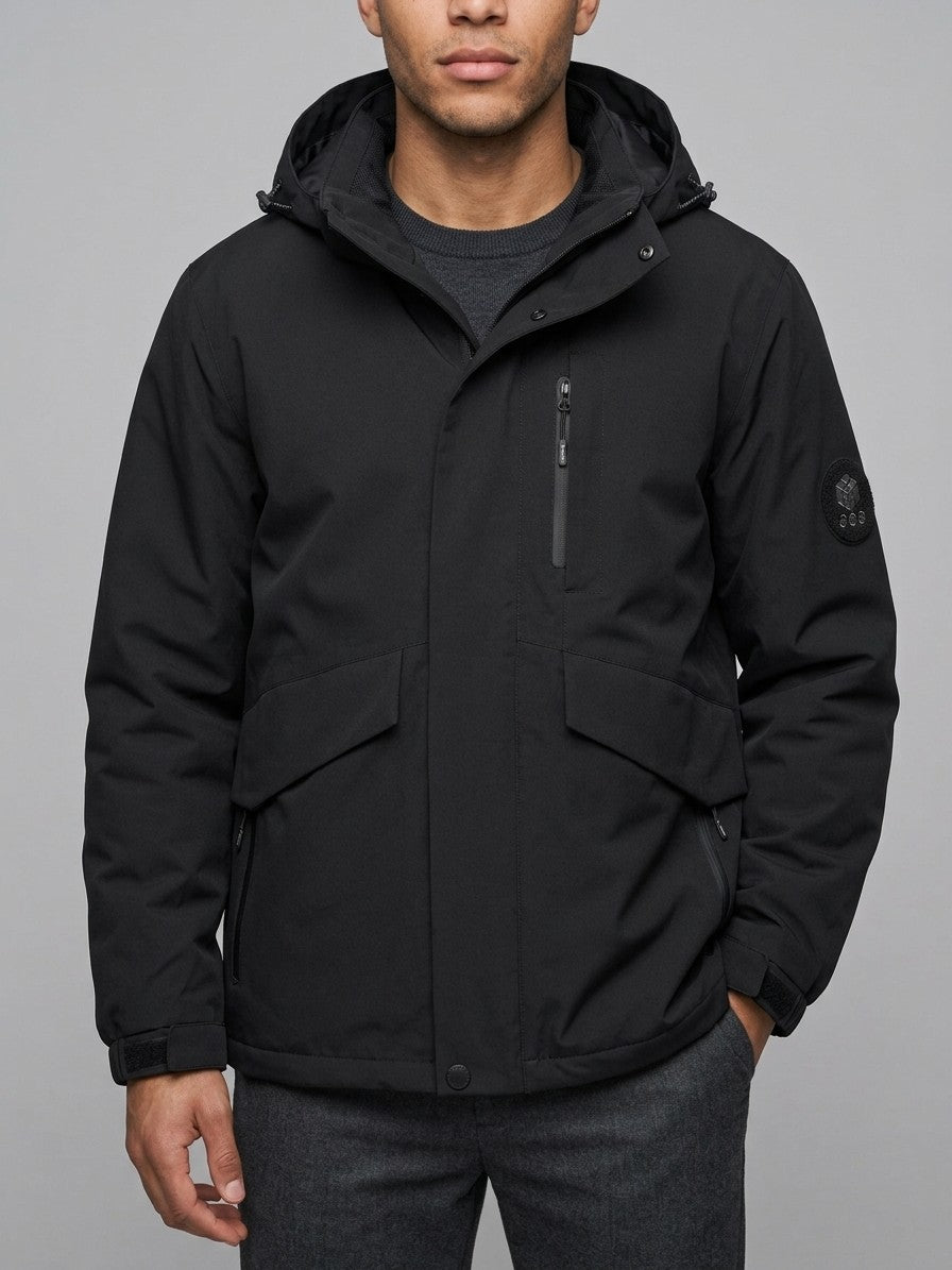 Andria Men's Flap-Pocket Hooded Shell Jacket — black — front