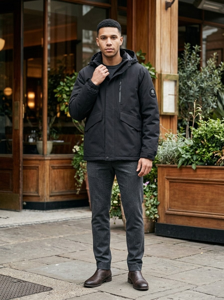 Andria Men's Flap-Pocket Hooded Shell Jacket — black — lifestyle