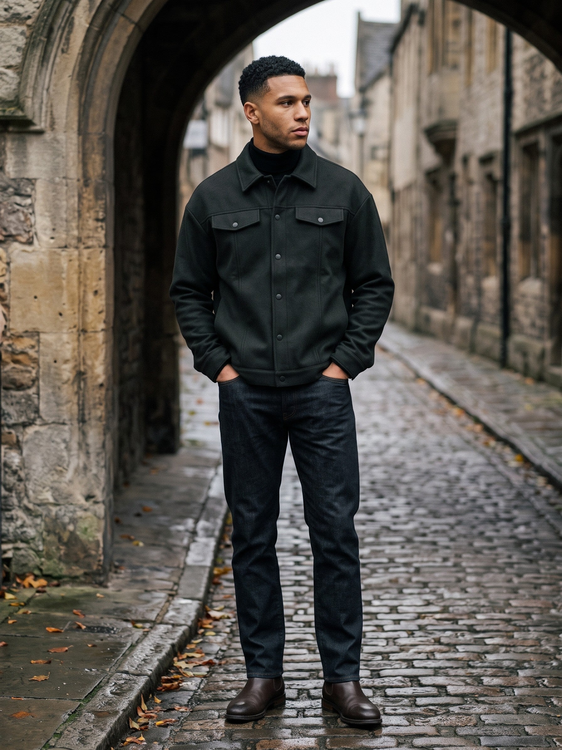 Angera Men's Wool-Look Snap Trucker Jacket — black — lifestyle
