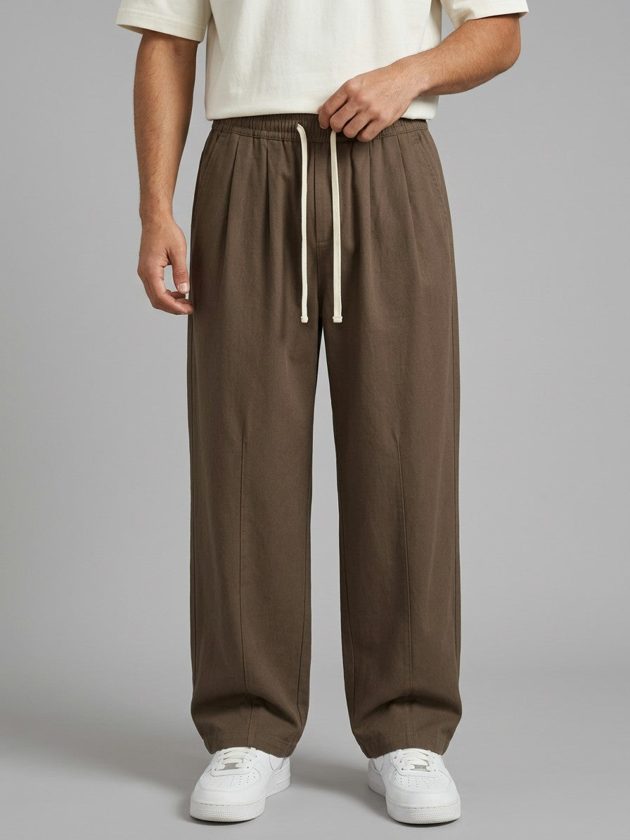 Anzio Men's Pleat-Front Cotton Twill Drawstring Pants — coffeebrown — front