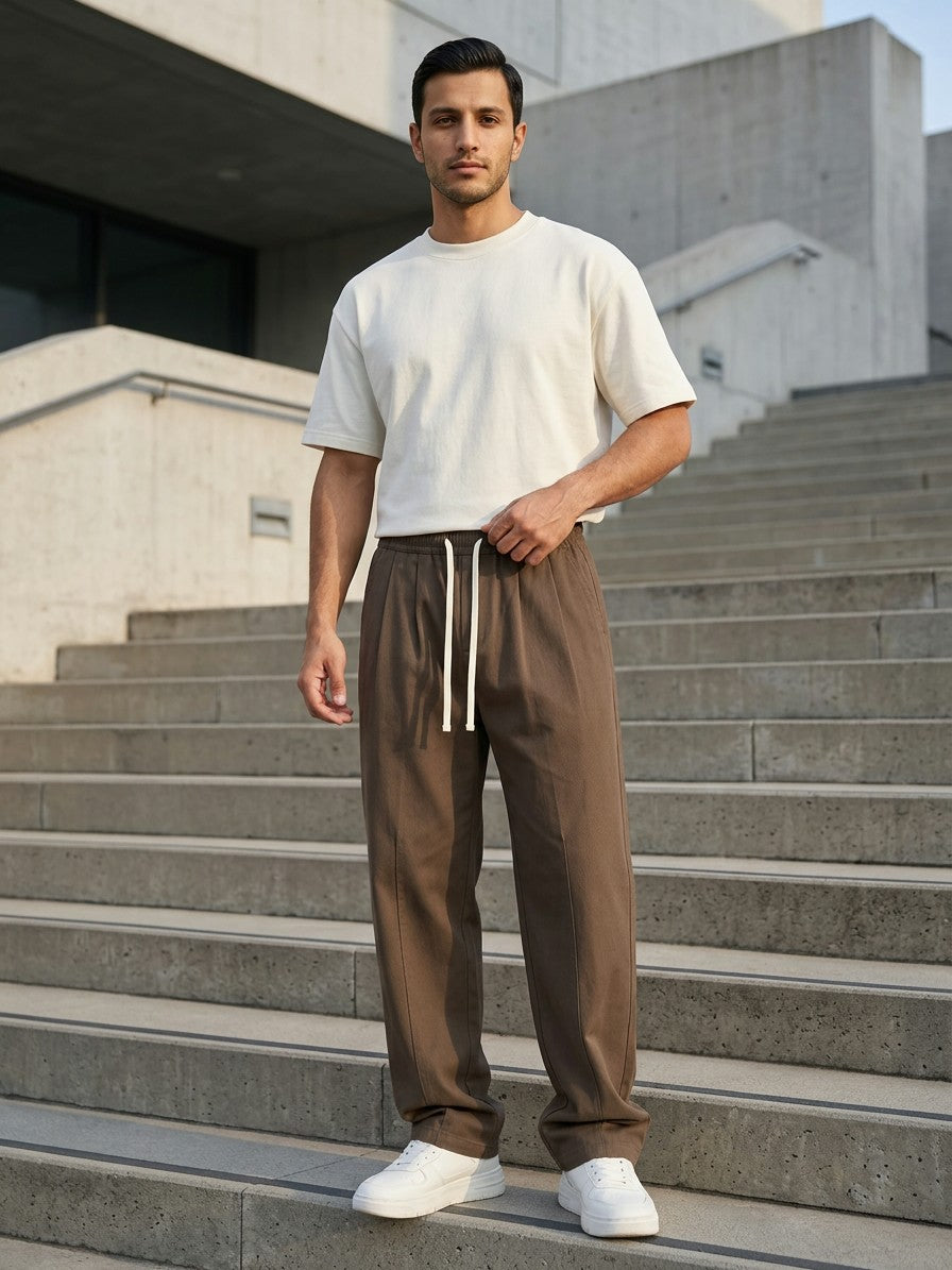 Anzio Men's Pleat-Front Cotton Twill Drawstring Pants — coffeebrown — lifestyle