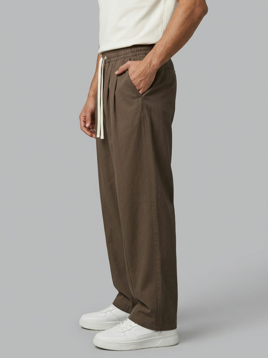 Anzio Men's Pleat-Front Cotton Twill Drawstring Pants — coffeebrown — side