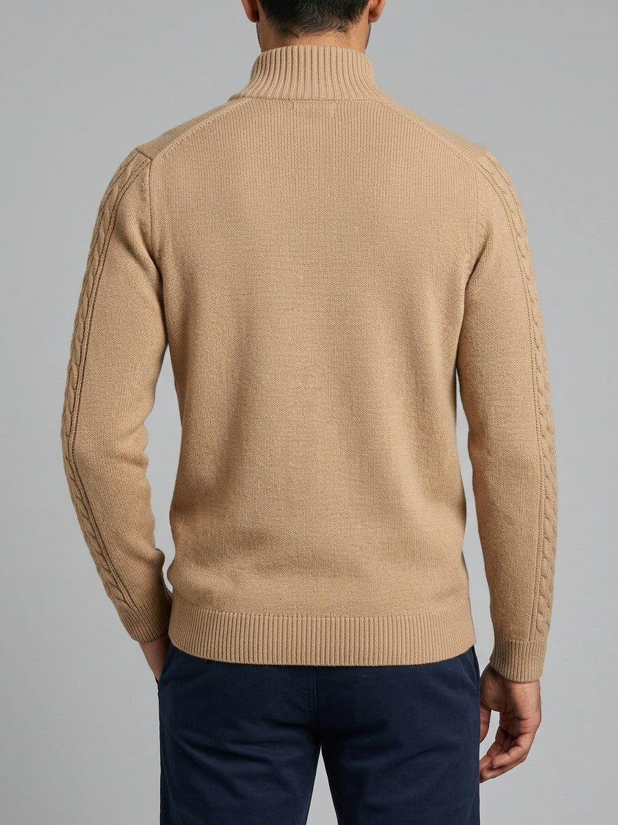 Aosta Men's Cable-Knit Quarter-Zip Sweater — camel — back