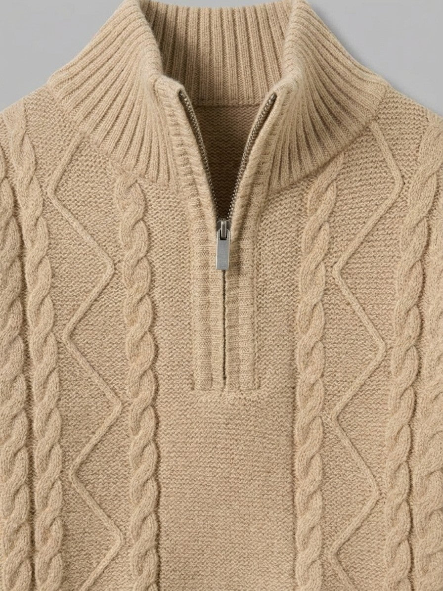 Aosta Men's Cable-Knit Quarter-Zip Sweater — camel — detail-2