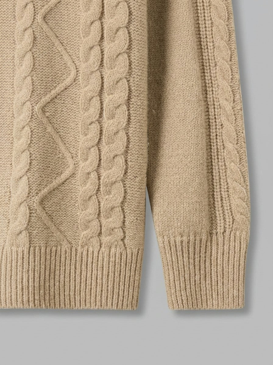 Aosta Men's Cable-Knit Quarter-Zip Sweater — camel — detail-collar