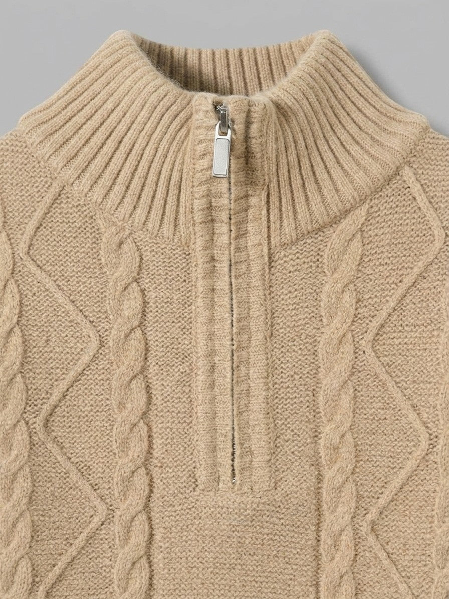 Aosta Men's Cable-Knit Quarter-Zip Sweater — camel — detail