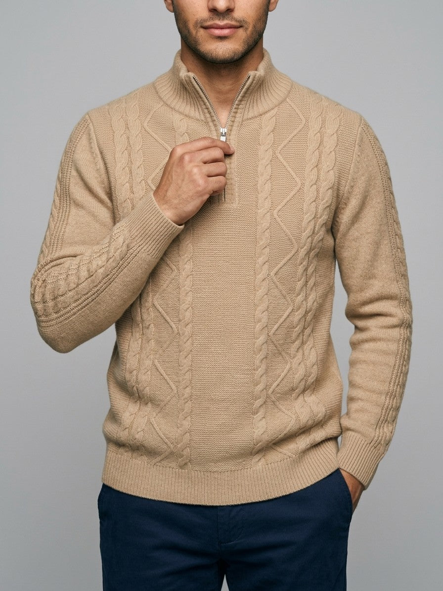 Aosta Men's Cable-Knit Quarter-Zip Sweater — camel — front