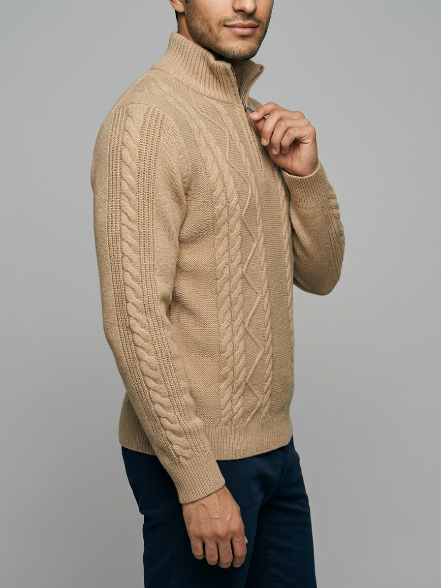 Aosta Men's Cable-Knit Quarter-Zip Sweater — camel — side