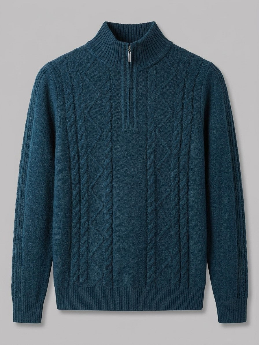 Aosta Men's Cable-Knit Quarter-Zip Sweater — denim — packshot