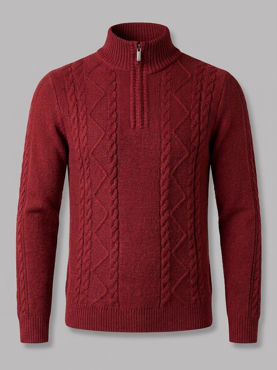 Aosta Men's Cable-Knit Quarter-Zip Sweater — winered — packshot