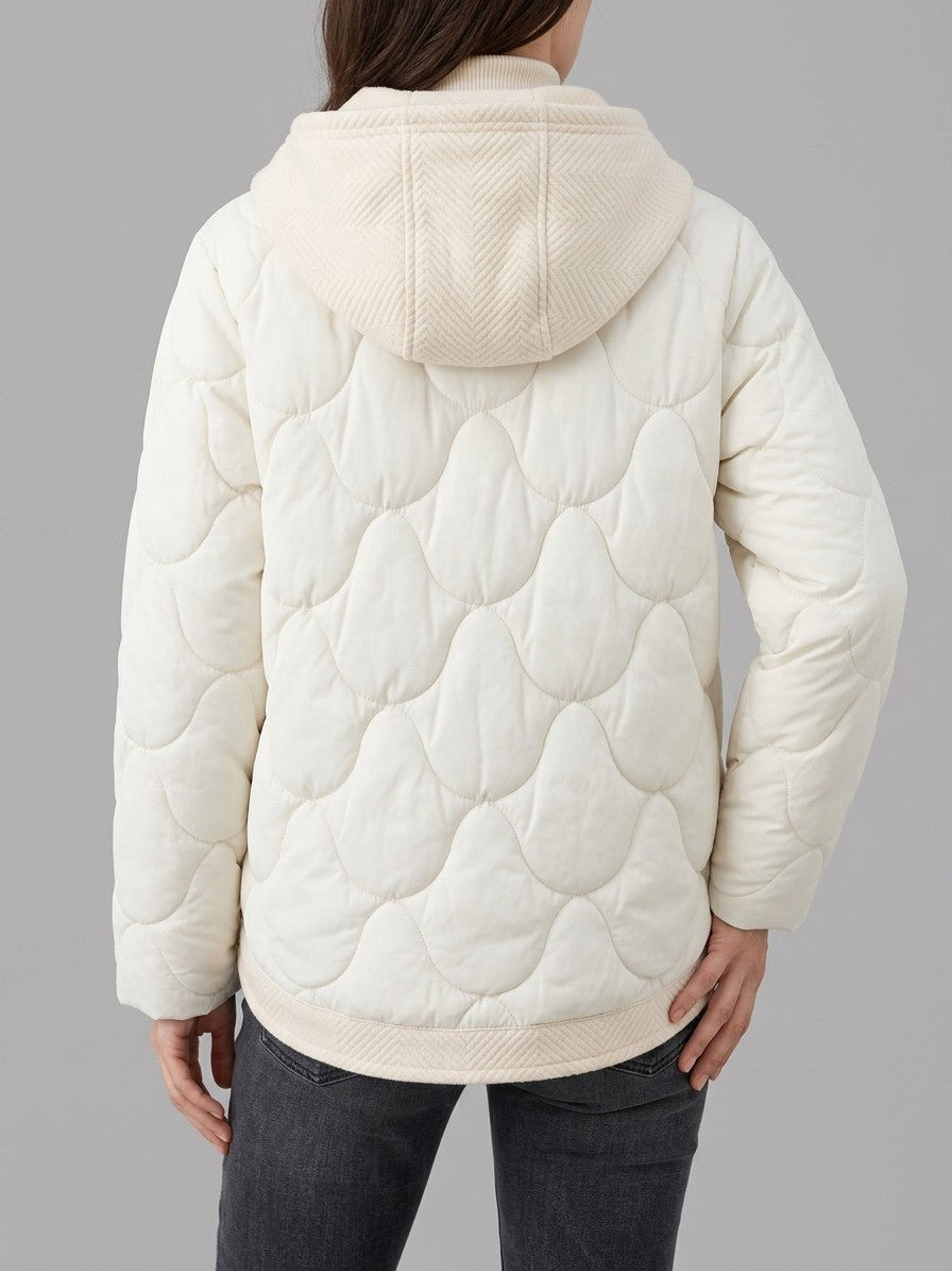 Arcevia Women's Wave Quilted Hooded Puffer — beigewhite — back