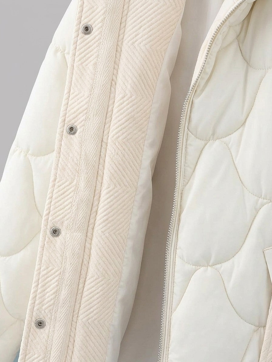 Arcevia Women's Wave Quilted Hooded Puffer — beigewhite — detail-2