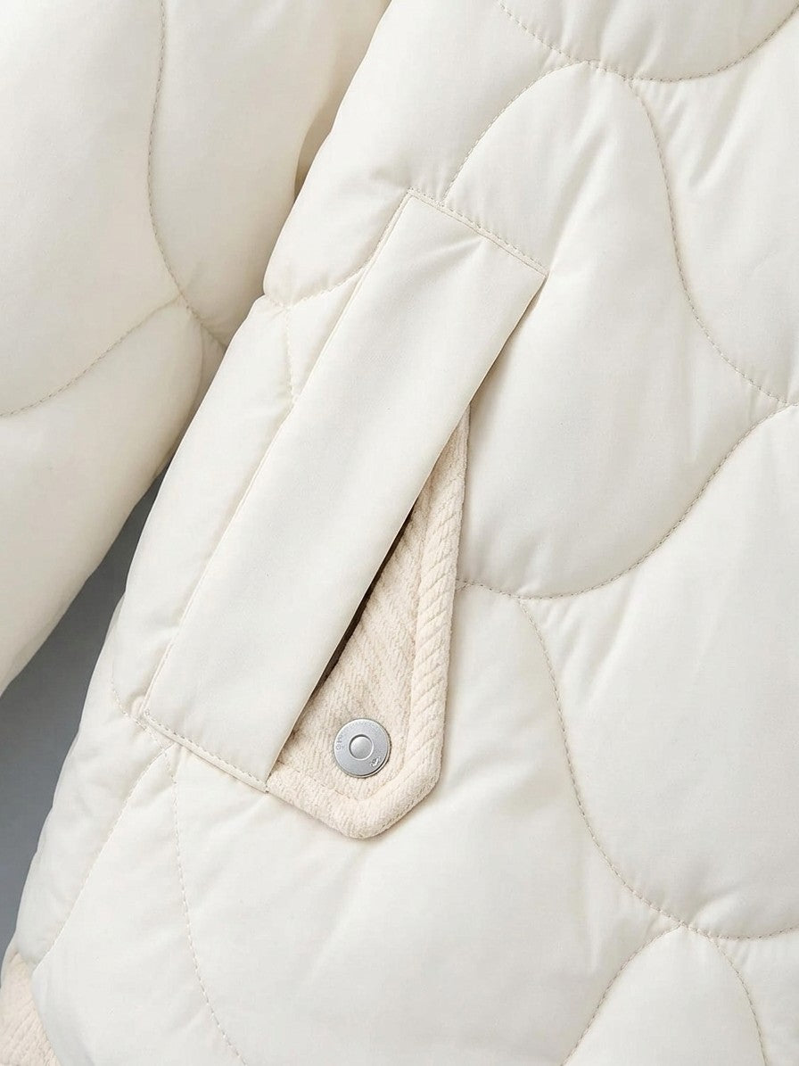 Arcevia Women's Wave Quilted Hooded Puffer — beigewhite — detail-collar