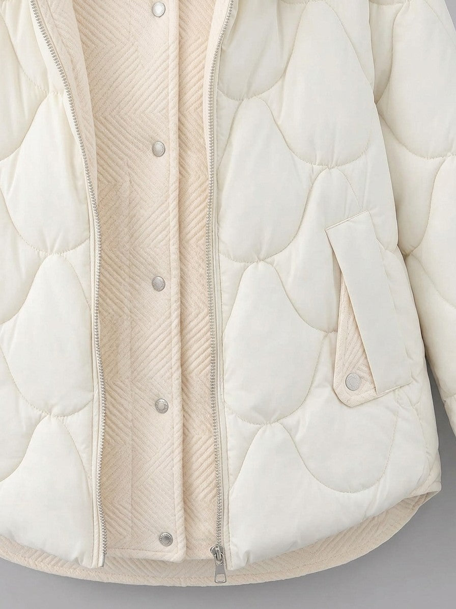 Arcevia Women's Wave Quilted Hooded Puffer — beigewhite — detail
