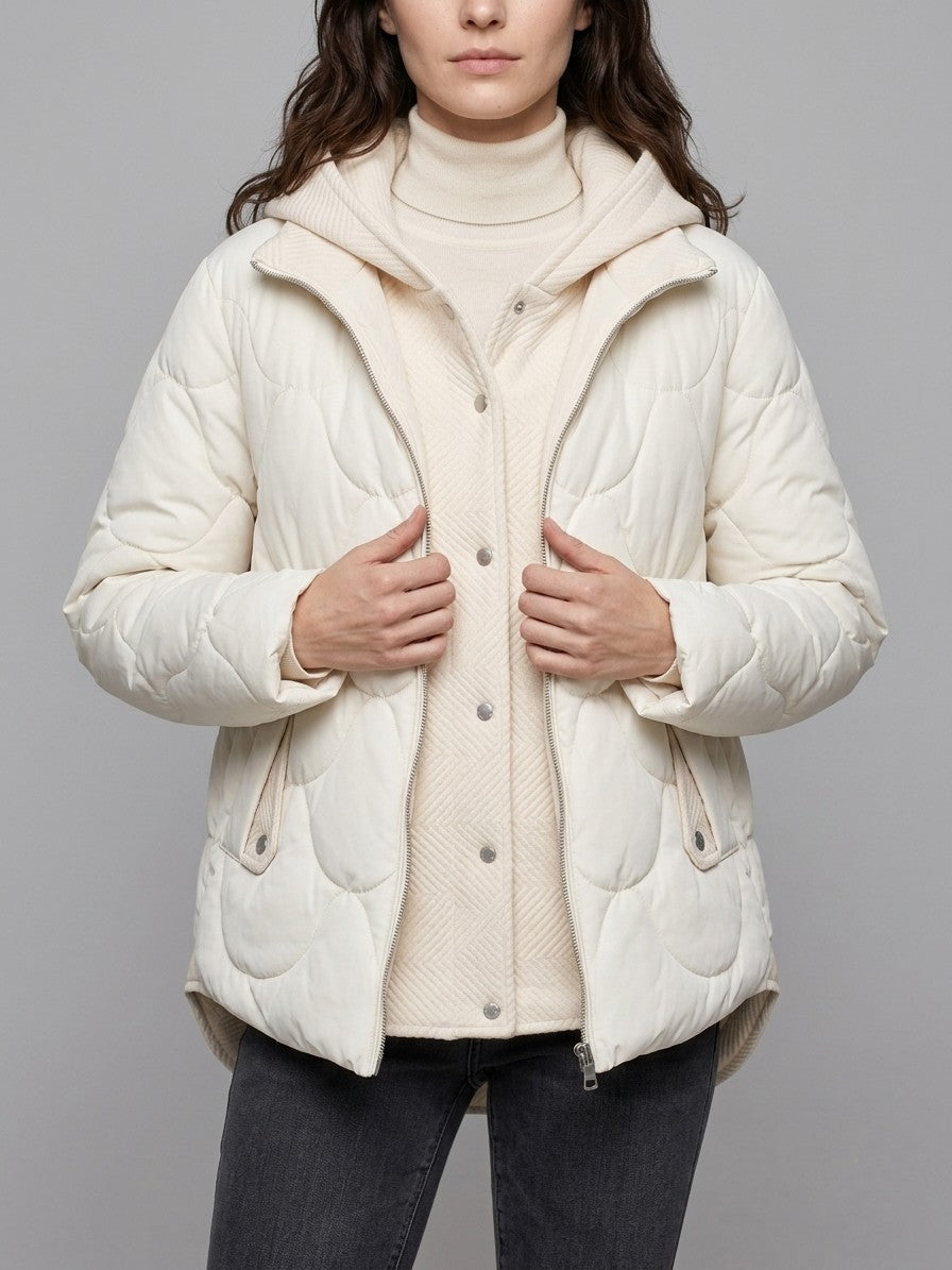 Arcevia Women's Wave Quilted Hooded Puffer — beigewhite — front