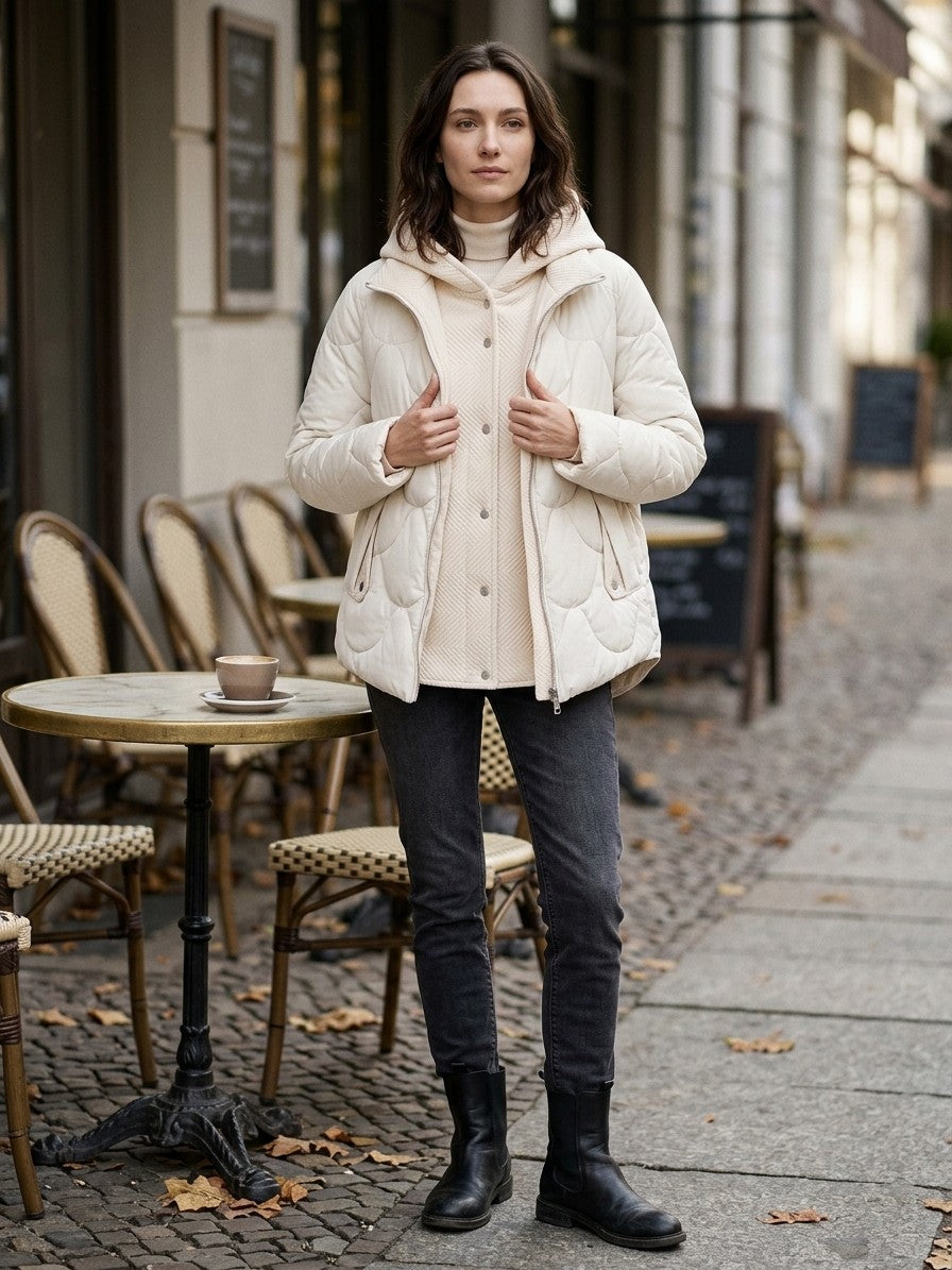 Arcevia Women's Wave Quilted Hooded Puffer — beigewhite — lifestyle