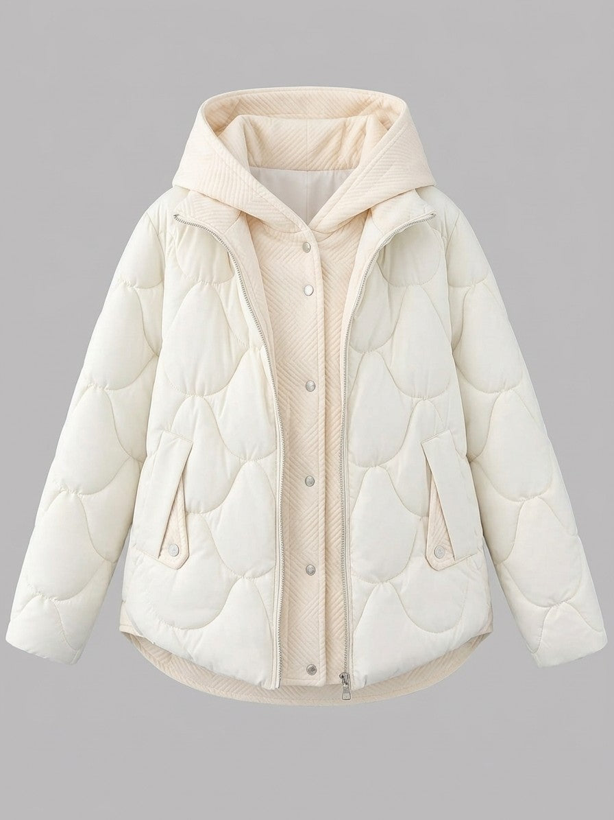 Arcevia Women's Wave Quilted Hooded Puffer — beigewhite — packshot