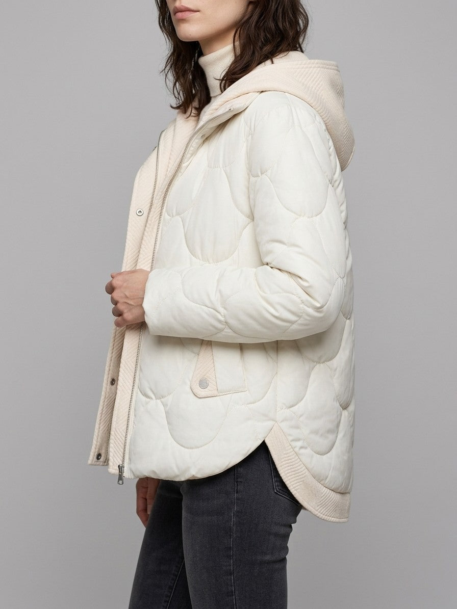 Arcevia Women's Wave Quilted Hooded Puffer — beigewhite — side