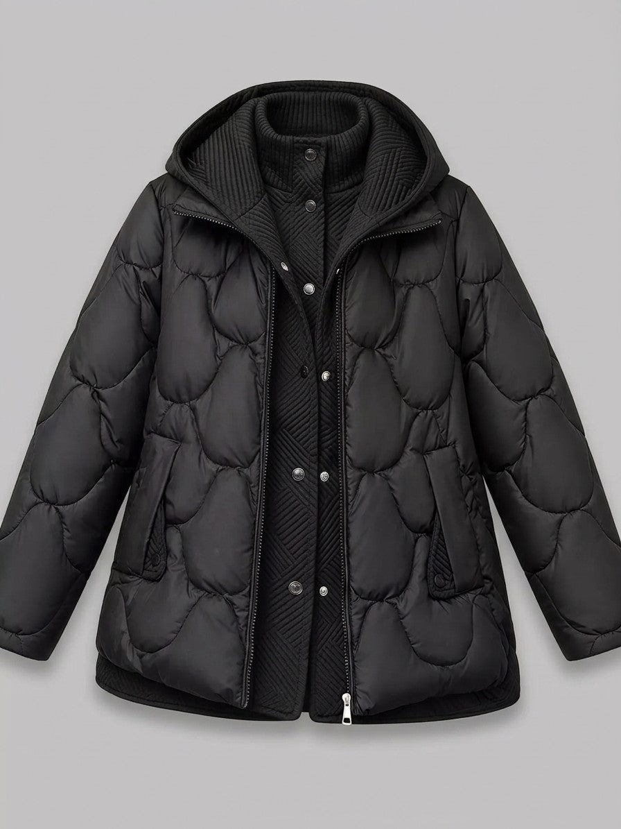 Arcevia Women's Wave Quilted Hooded Puffer — black — packshot