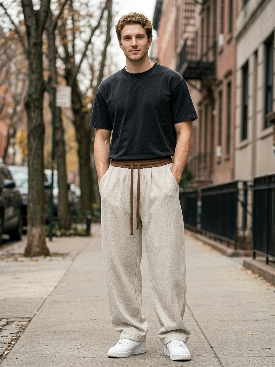 Ariccia Men's Seam-Front Textured Wide-Leg Sweatpants — khaki — lifestyle