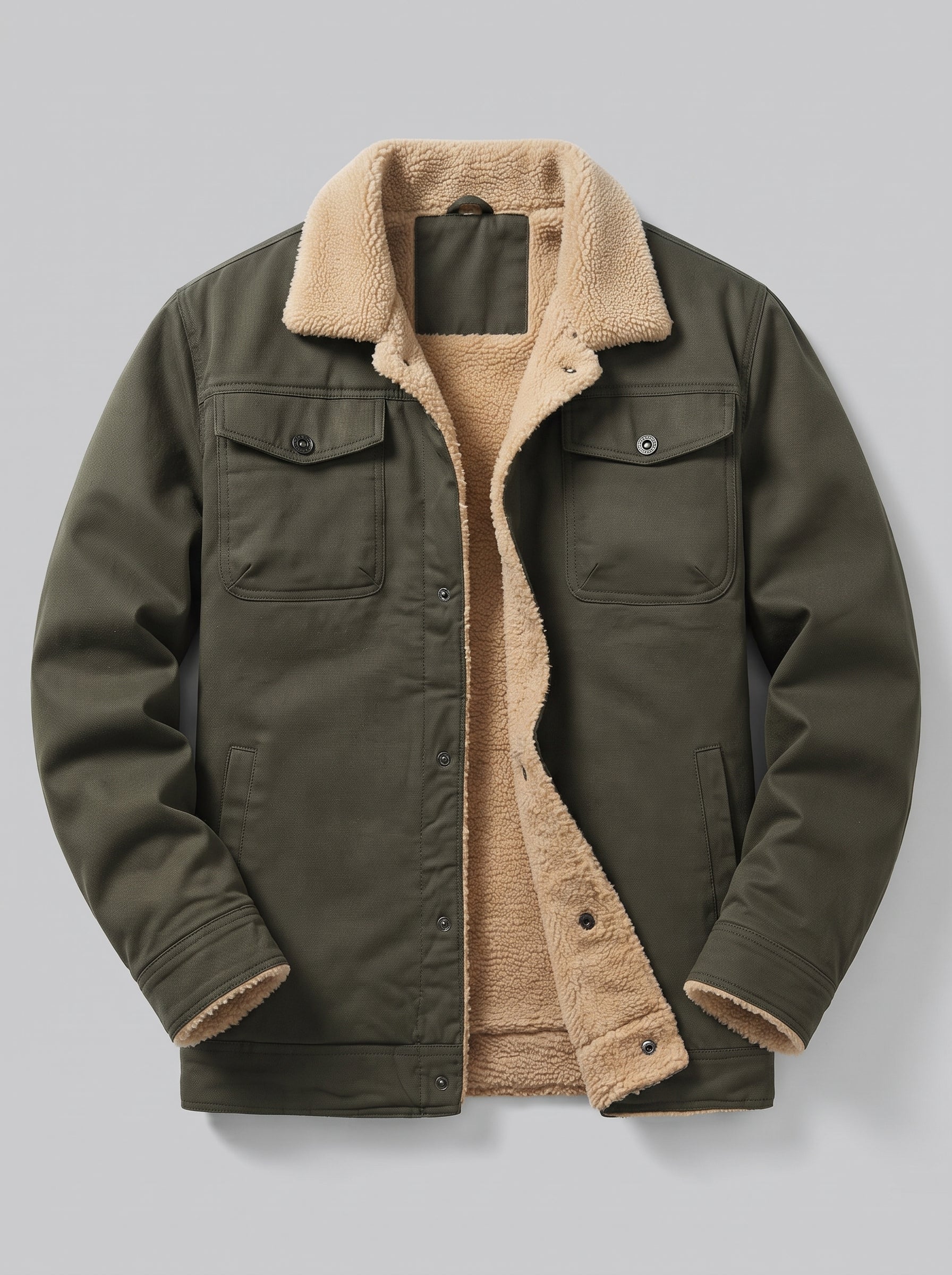 An olive green jacket with a beige sherpa lining, displayed on a neutral gray background.