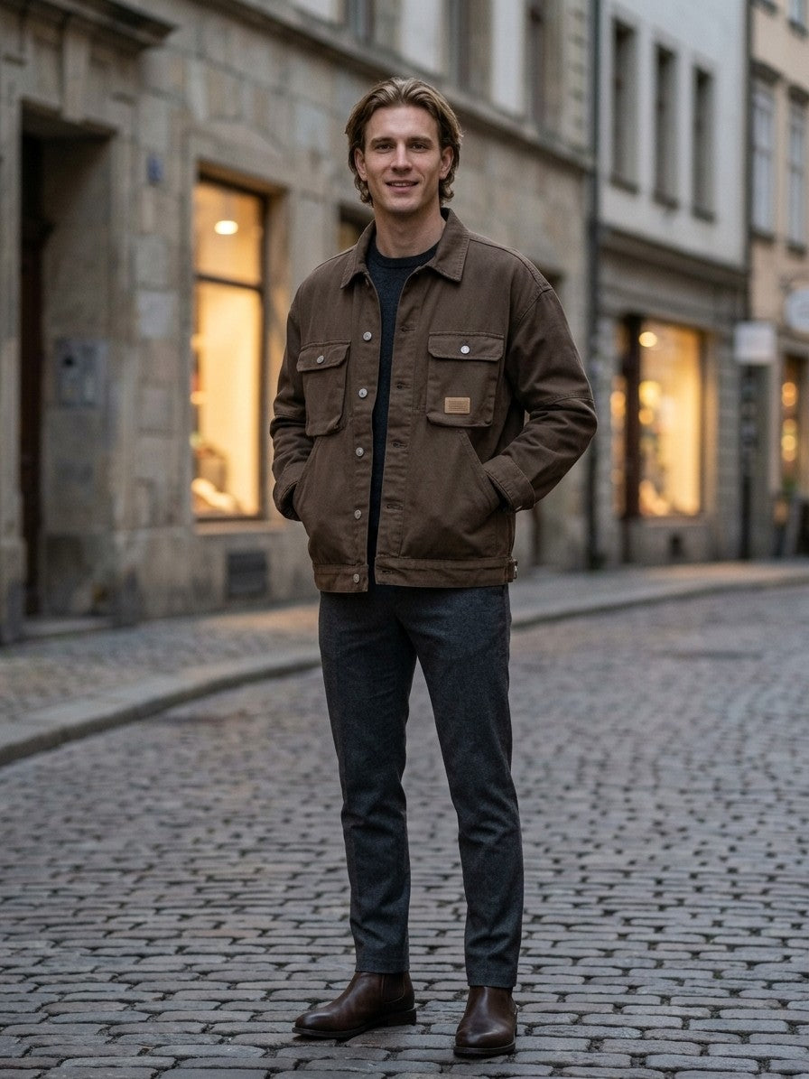 Arona Men's Washed Twill Trucker Jacket — coffeebrown — lifestyle