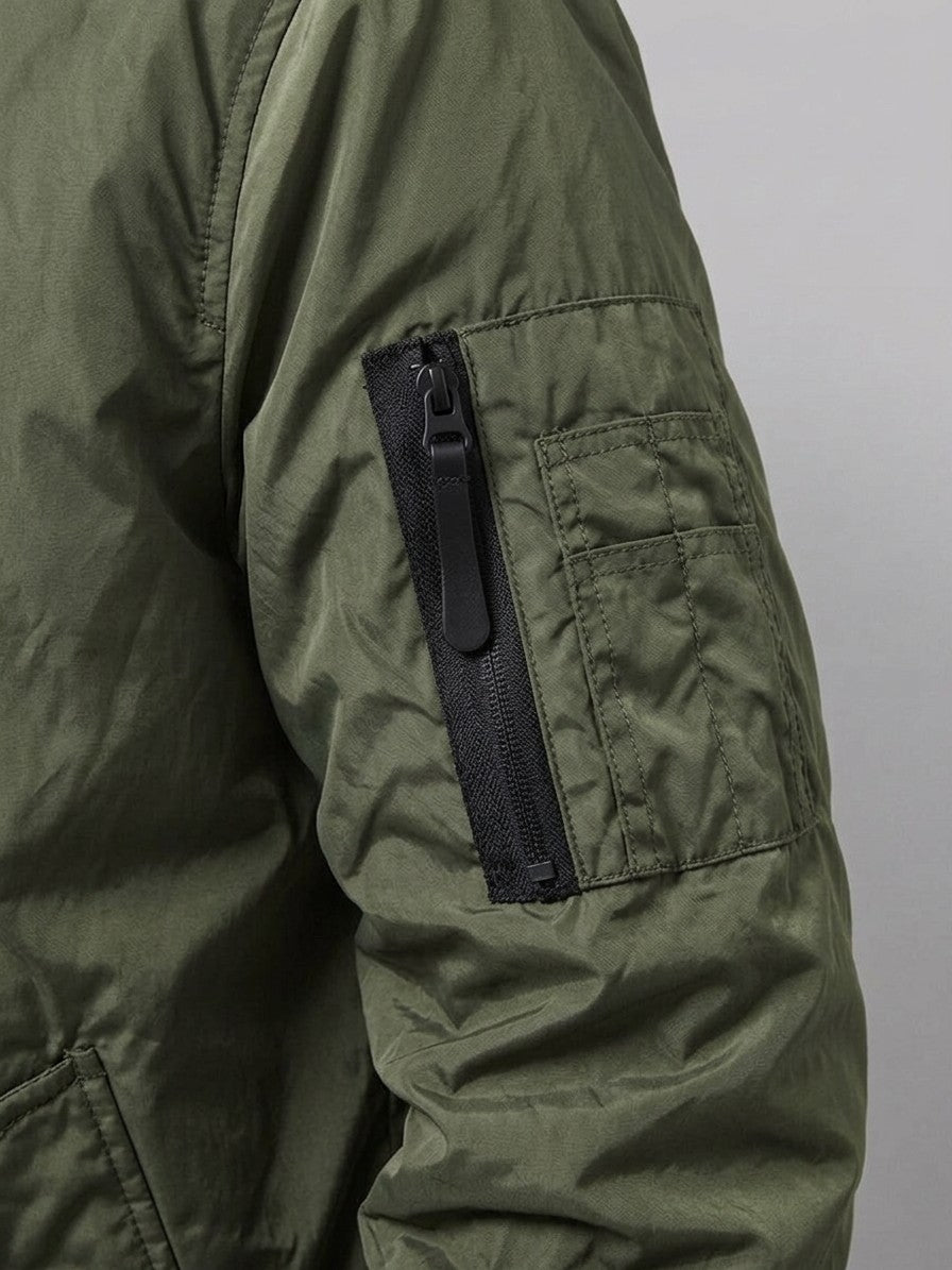 Arpino Men's Nylon Flight Bomber Jacket — green — detail-collar