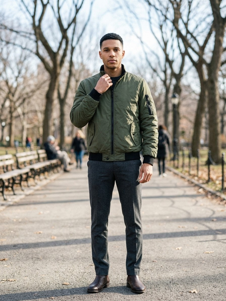 Arpino Men's Nylon Flight Bomber Jacket — green — lifestyle