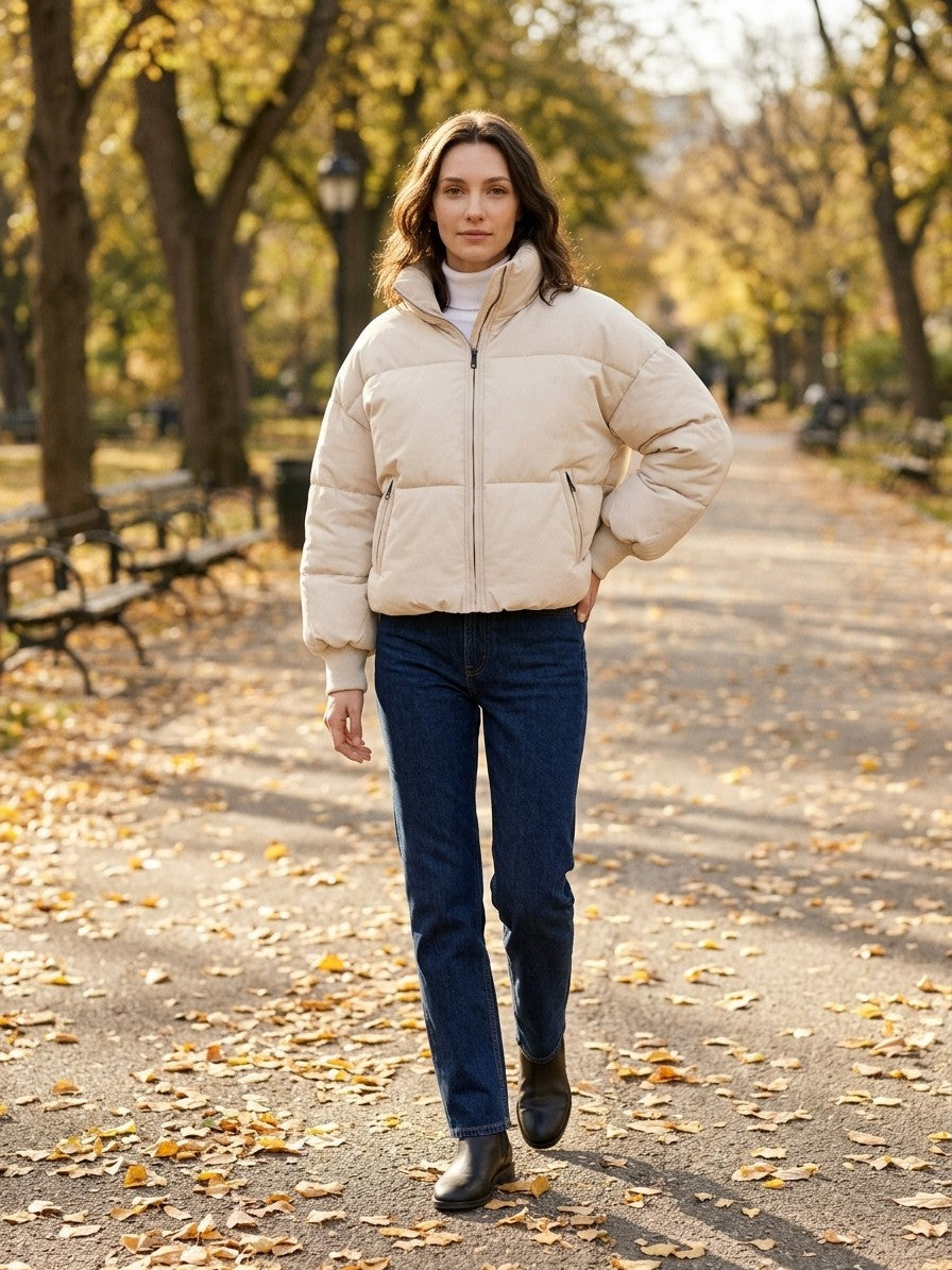 Arquata Women's Cropped Funnel Neck Puffer — cream — lifestyle