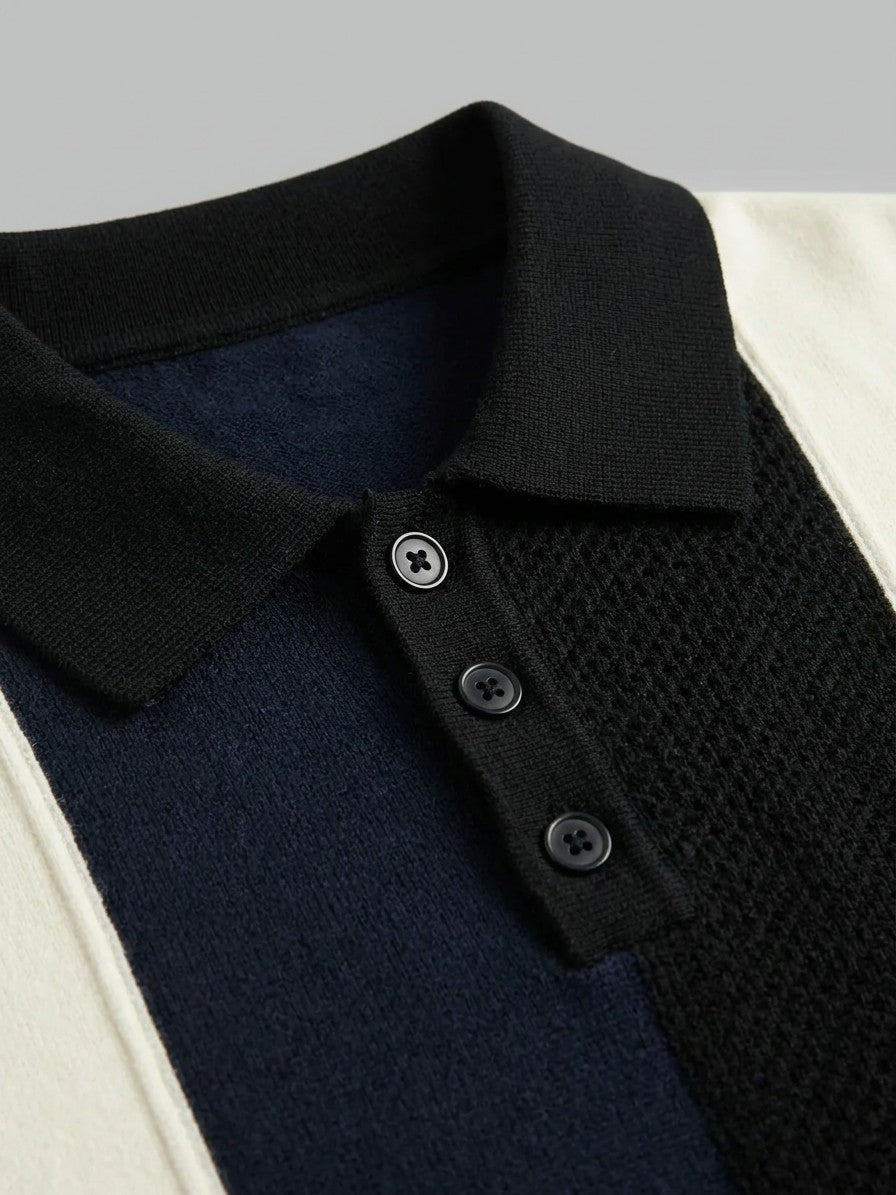 Asiago Men's Colour-Block Striped Knit Polo — black — detail-collar