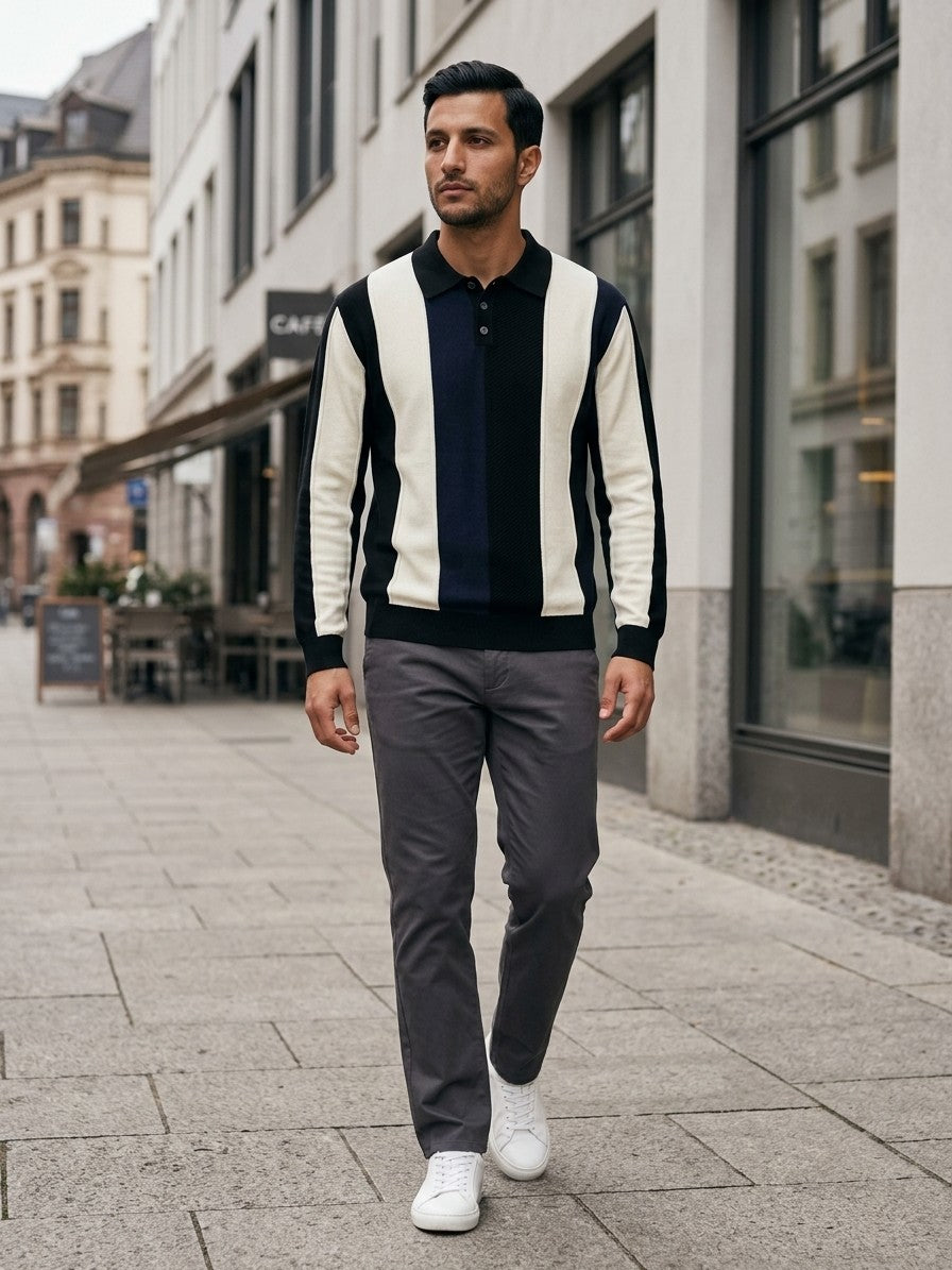 Asiago Men's Colour-Block Striped Knit Polo — black — lifestyle