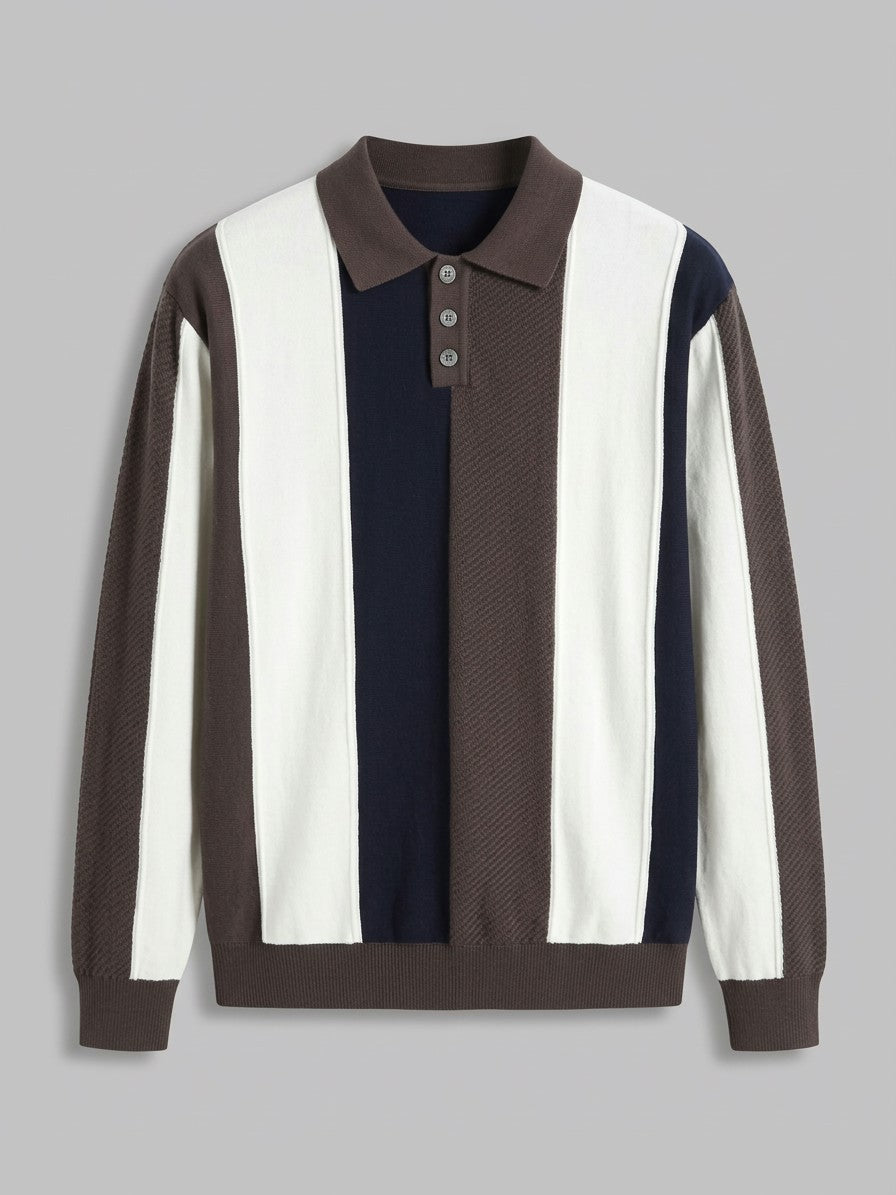 Asiago Men's Colour-Block Striped Knit Polo — chocolate — packshot