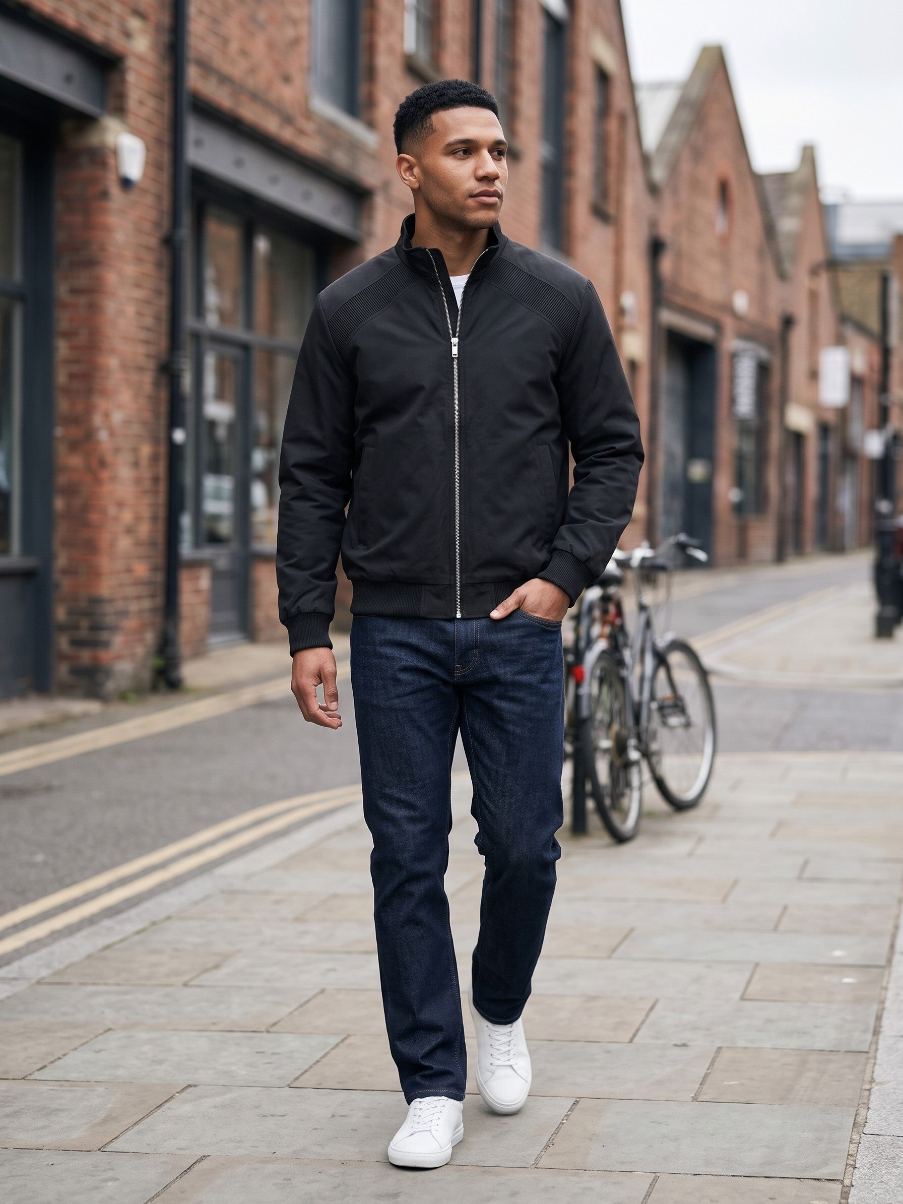 Asola Men's Ribbed-Shoulder Bomber Jacket — black — lifestyle