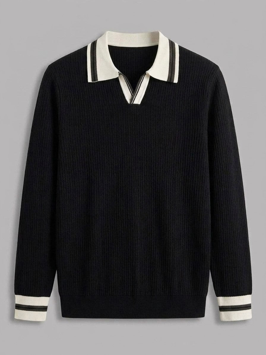 Asolo Men's Contrast-Trim Polo Sweater — black — detail-collar