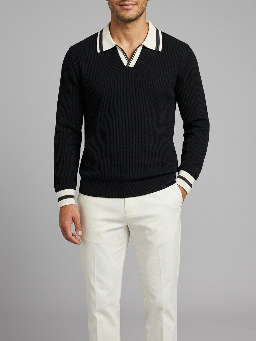 Asolo Men's Contrast-Trim Polo Sweater — black — front