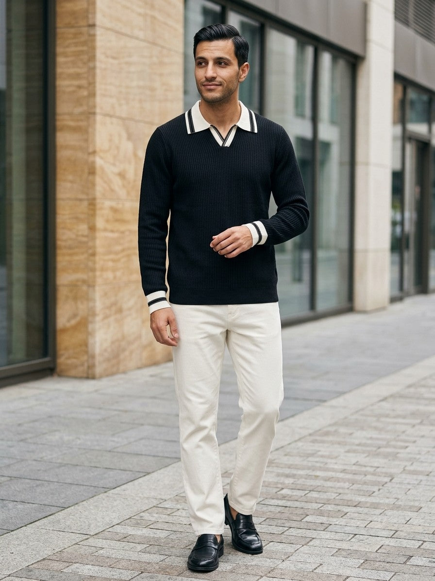 Asolo Men's Contrast-Trim Polo Sweater — black — lifestyle